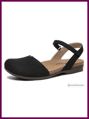 Women's Closed Toe Flat Sandals Round Toe Ankle Strap Memory Foam Cork Footbed